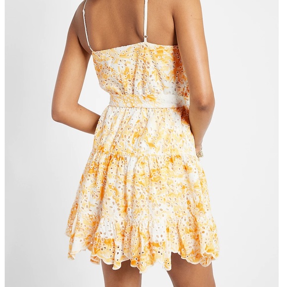 Express Printed Eyelet V Neck Tie Waist Tiered Trapeze Dress - Picture 10 of 10